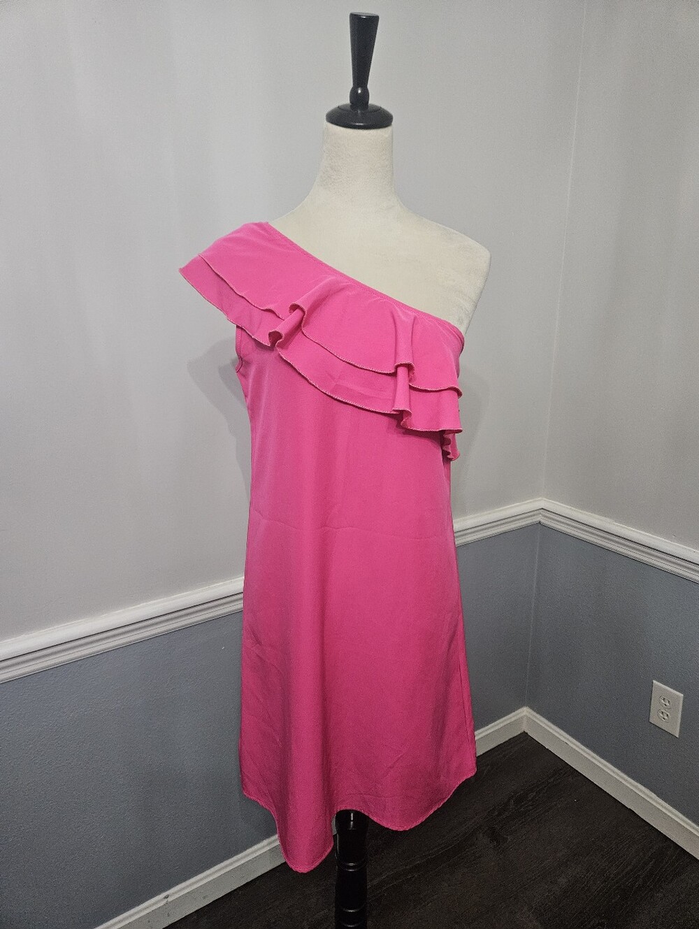 One-Shoulder Ruffle Shift Dress - Bright Pink- Unknown Brand Size 5
